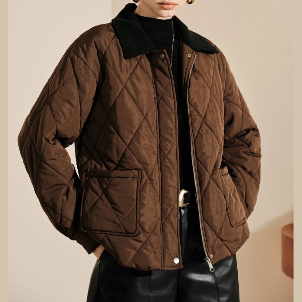 Brown Diamond Quilted Contrast Collar Zip Front Jacket with Patch Pockets